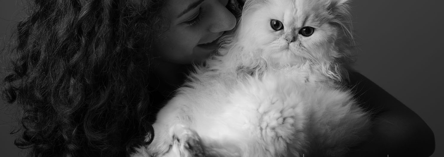 Portrait noir et blanc, chaton persan et sa maîtresse